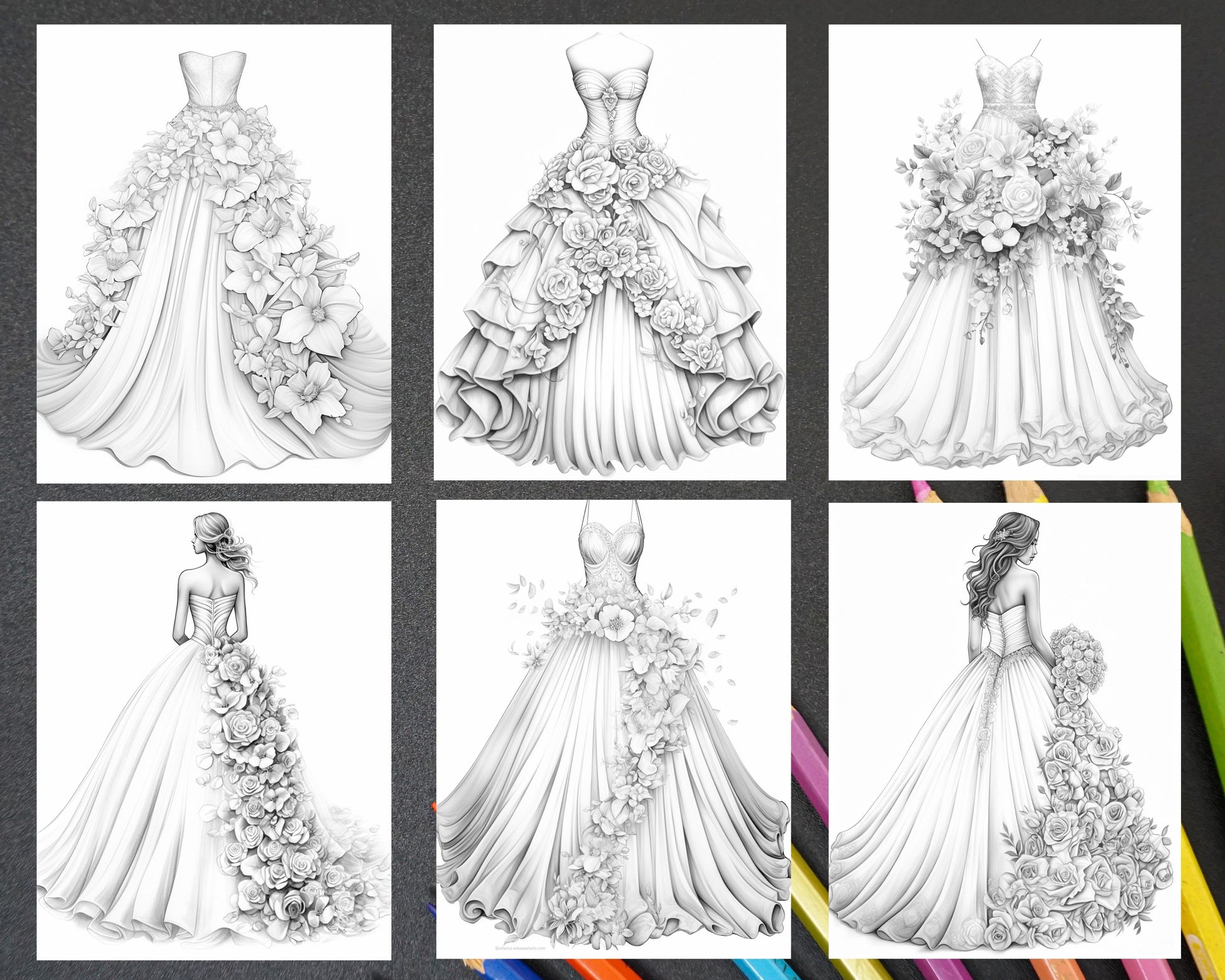 Elegant floral wedding dresses grayscale coloring pages printable f â coloring