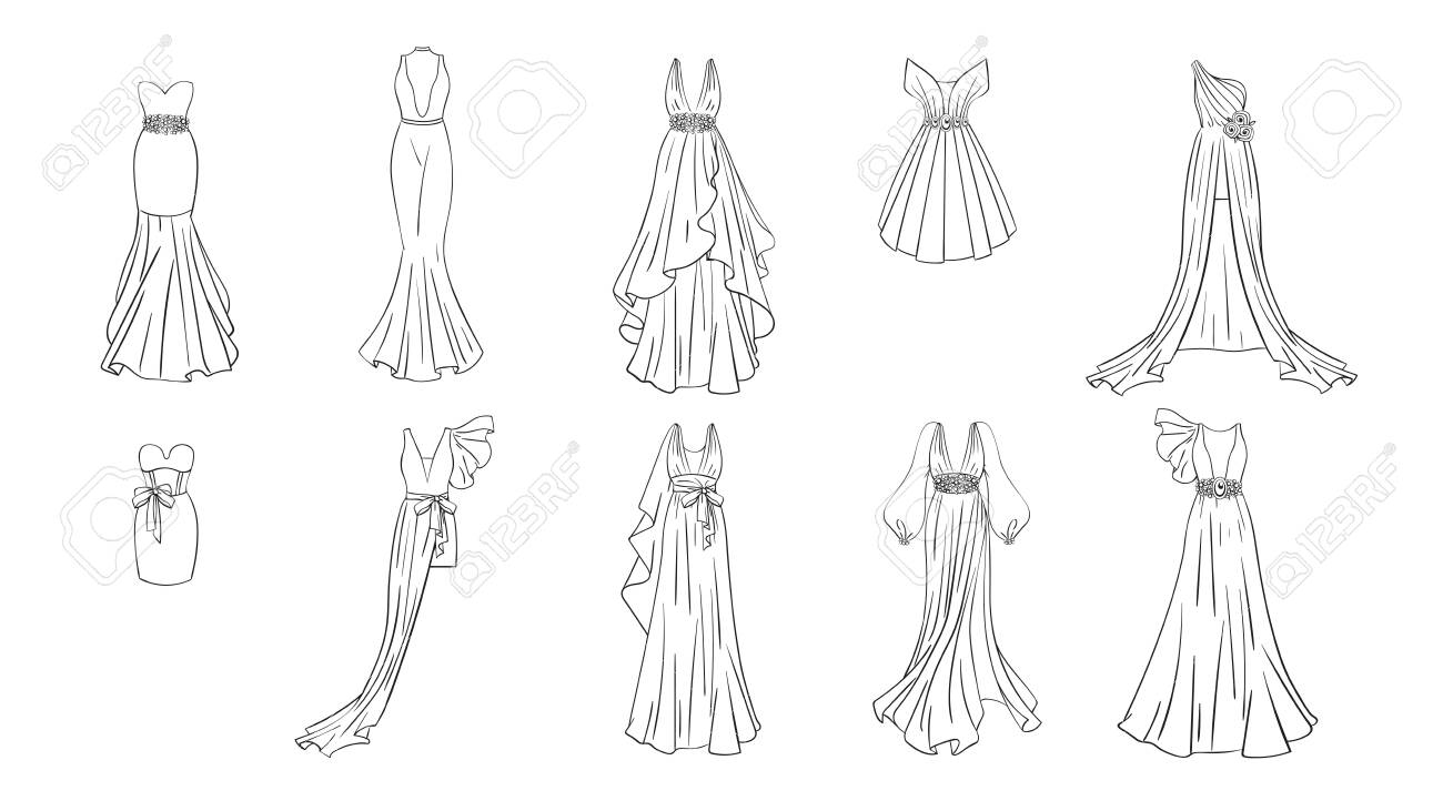 A set of different dresses modern and classic style dresses for prom gala evening wedding masquerade points coloring page for girls royalty free svg cliparts vectors and stock illustration image