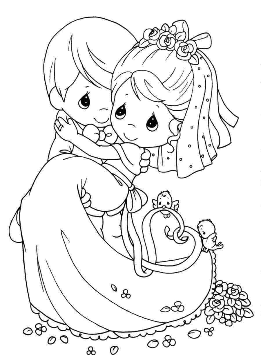 Little bride and groom in wedding coloring page