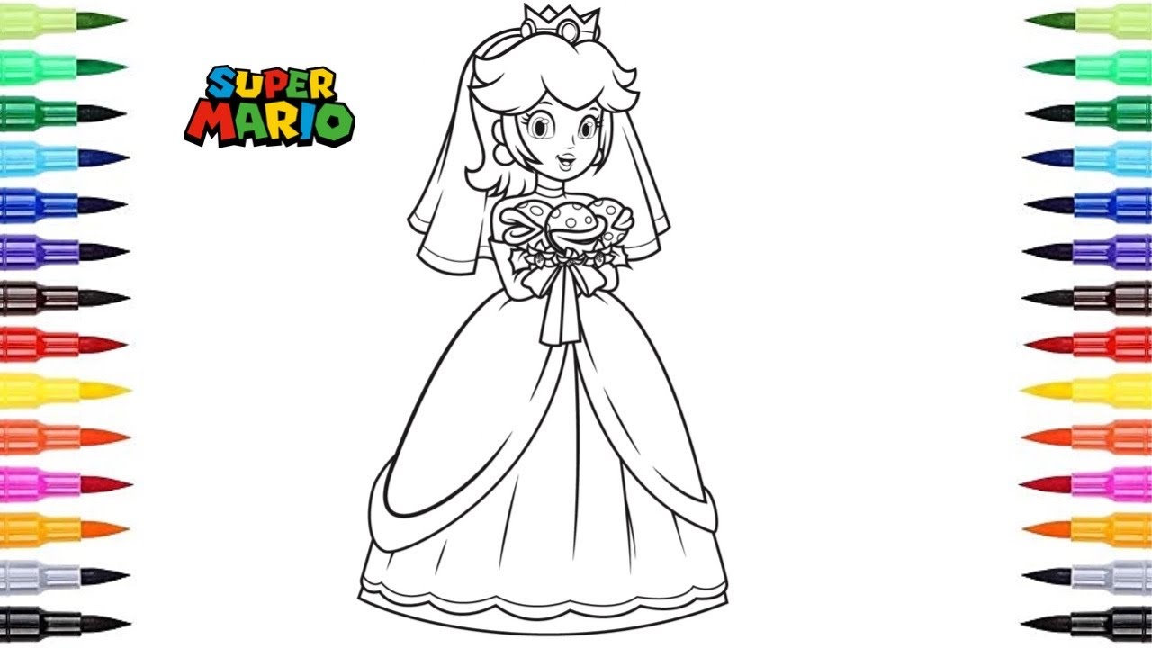 Princess peach in beautiful wedding dress the wedding of princess peach and super ario coloring