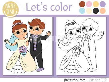 Wedding coloring page for children with cute