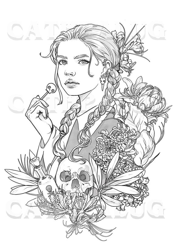 Macabre girl coloring page halloween skull flowers line art adult coloring addams family jpeg and pdf premium