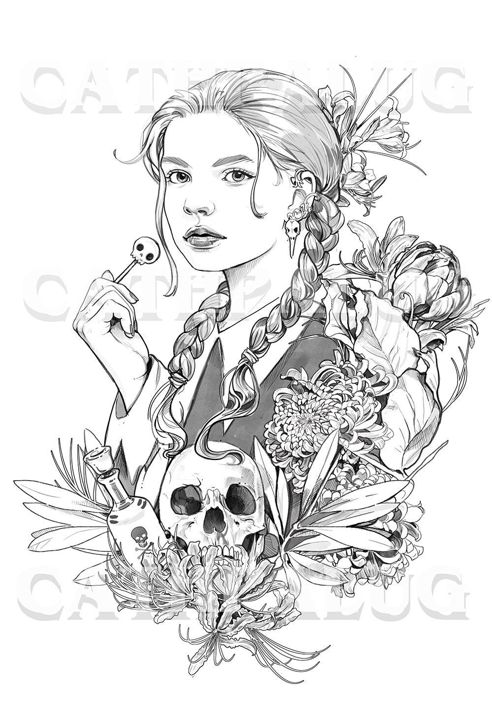 Macabre girl coloring page halloween skull flowers line art adult coloring addams family jpeg and pdf premium