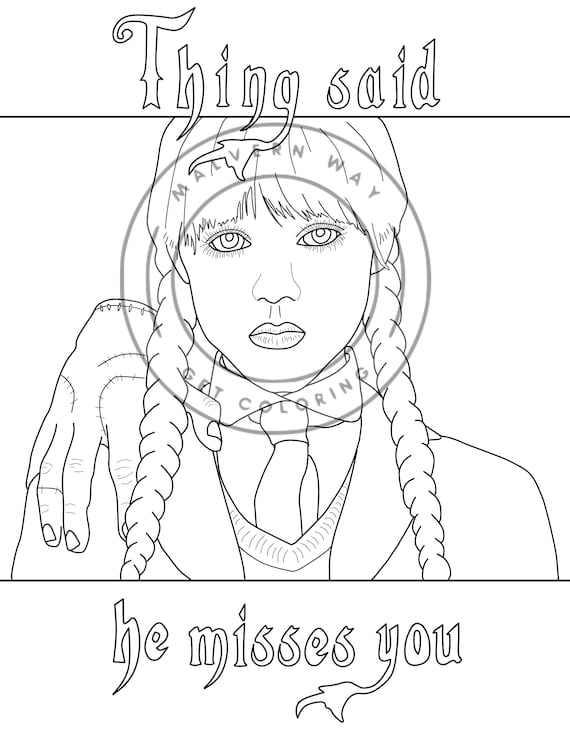 Wednesday addams and thing coloring page