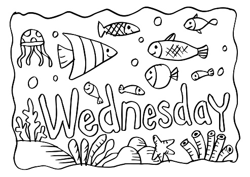 Wednesday coloring page with fishes stock illustration