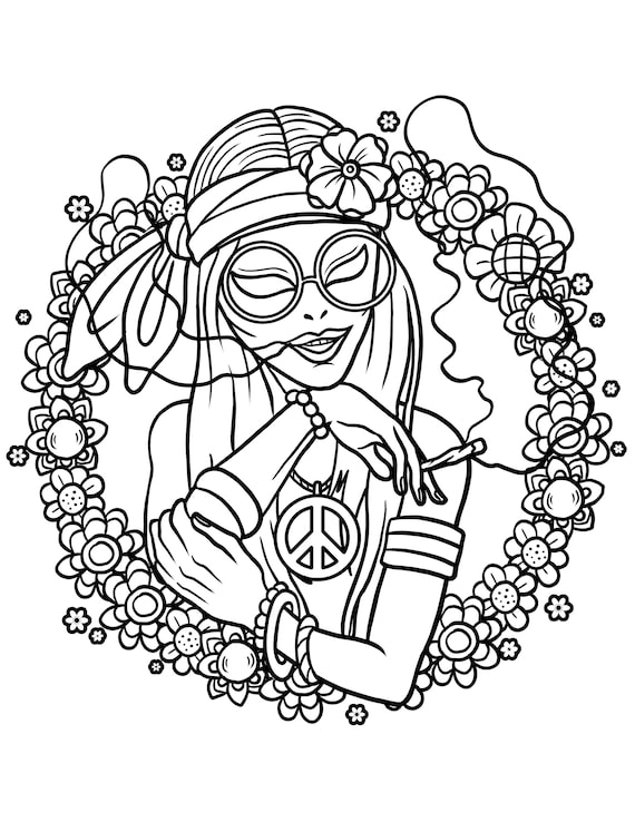 Printable hippie girl alien smoking weed trippy hippie coloring page digital download trippy stoner book