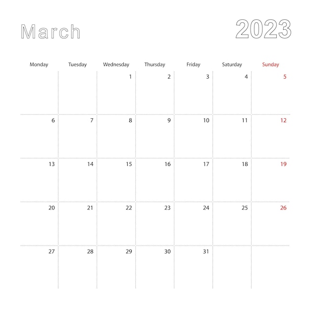 Premium vector simple wall calendar for march with dotted lines the calendar is in english week start from monday