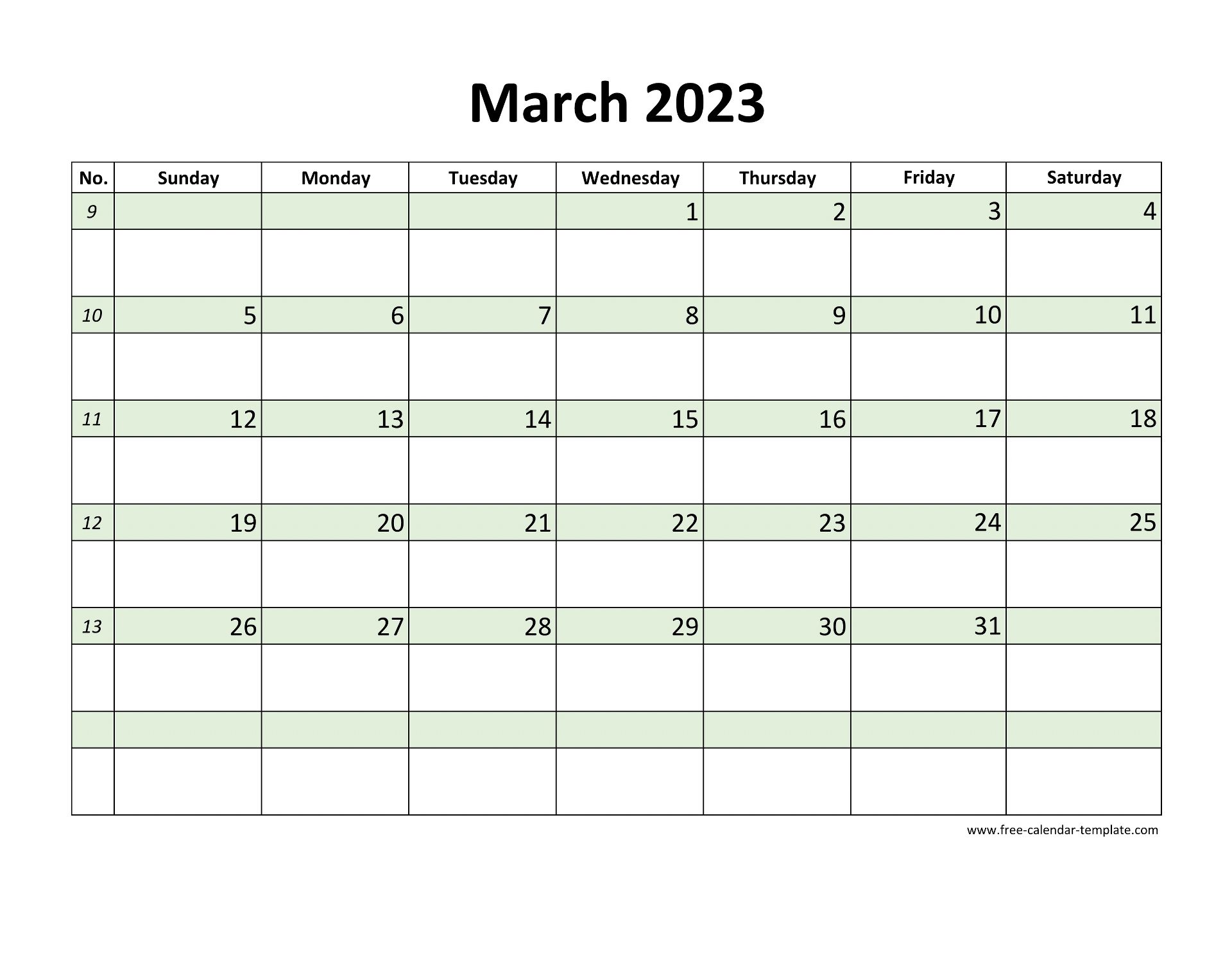 Free march calendar coloring on each day horizontal free