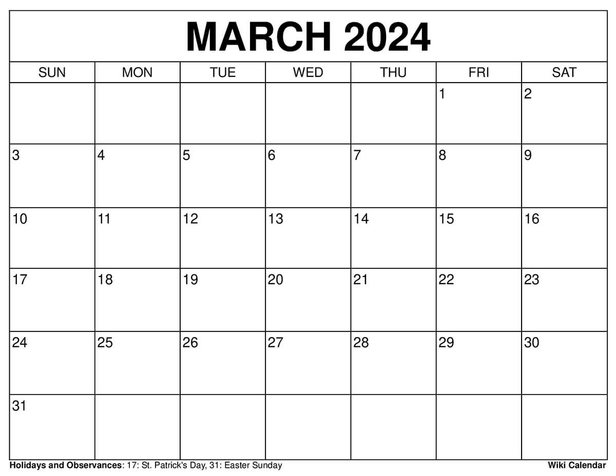 Printable march calendar templates with holidays