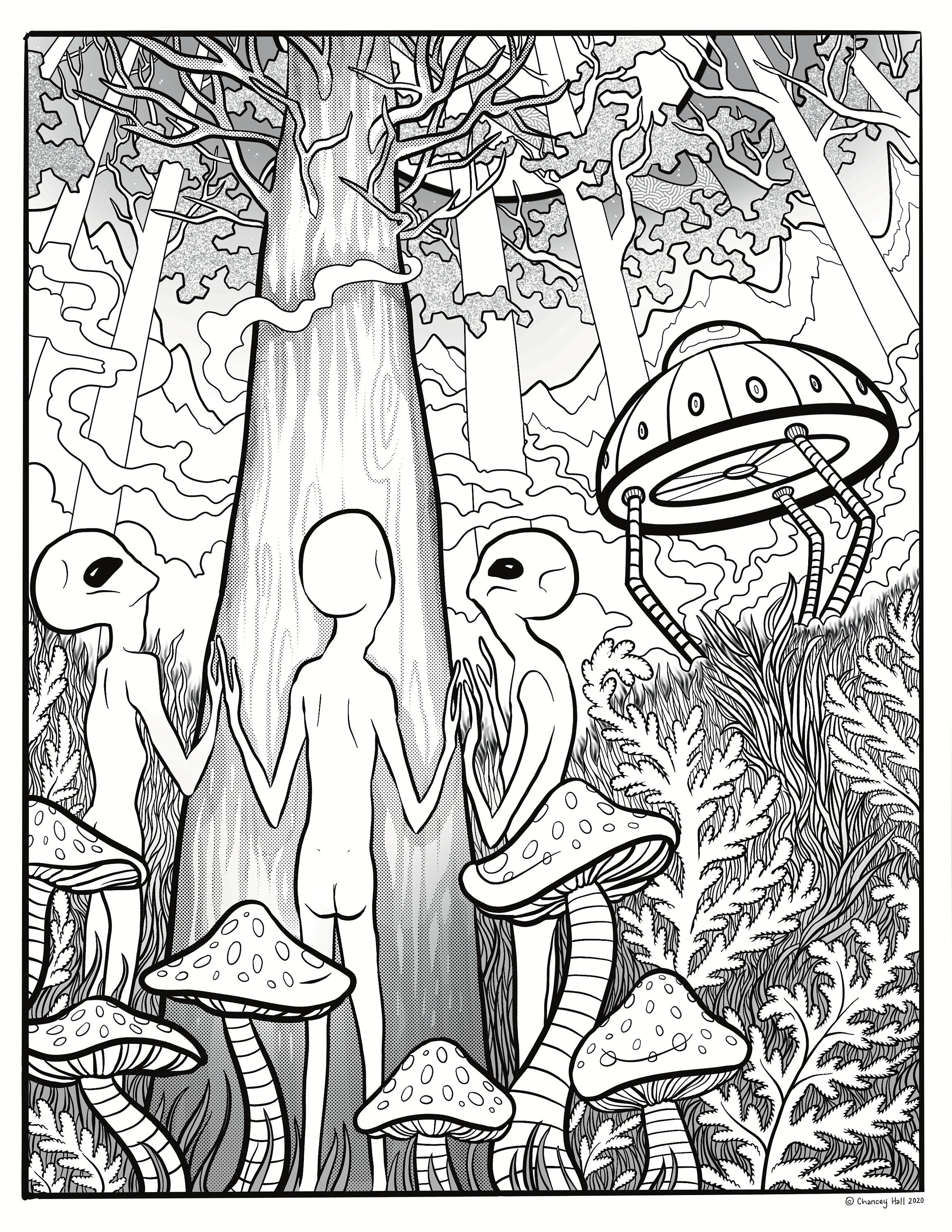 Aliens and ufo in the forest adult coloring page instant digital download pdf printable occult sci