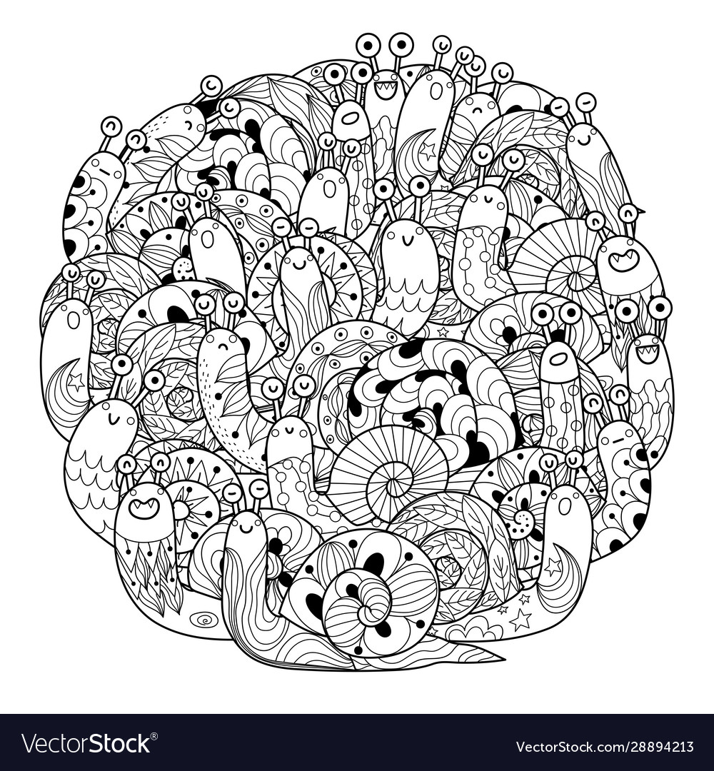 Funny snails circle shape coloring page for adults