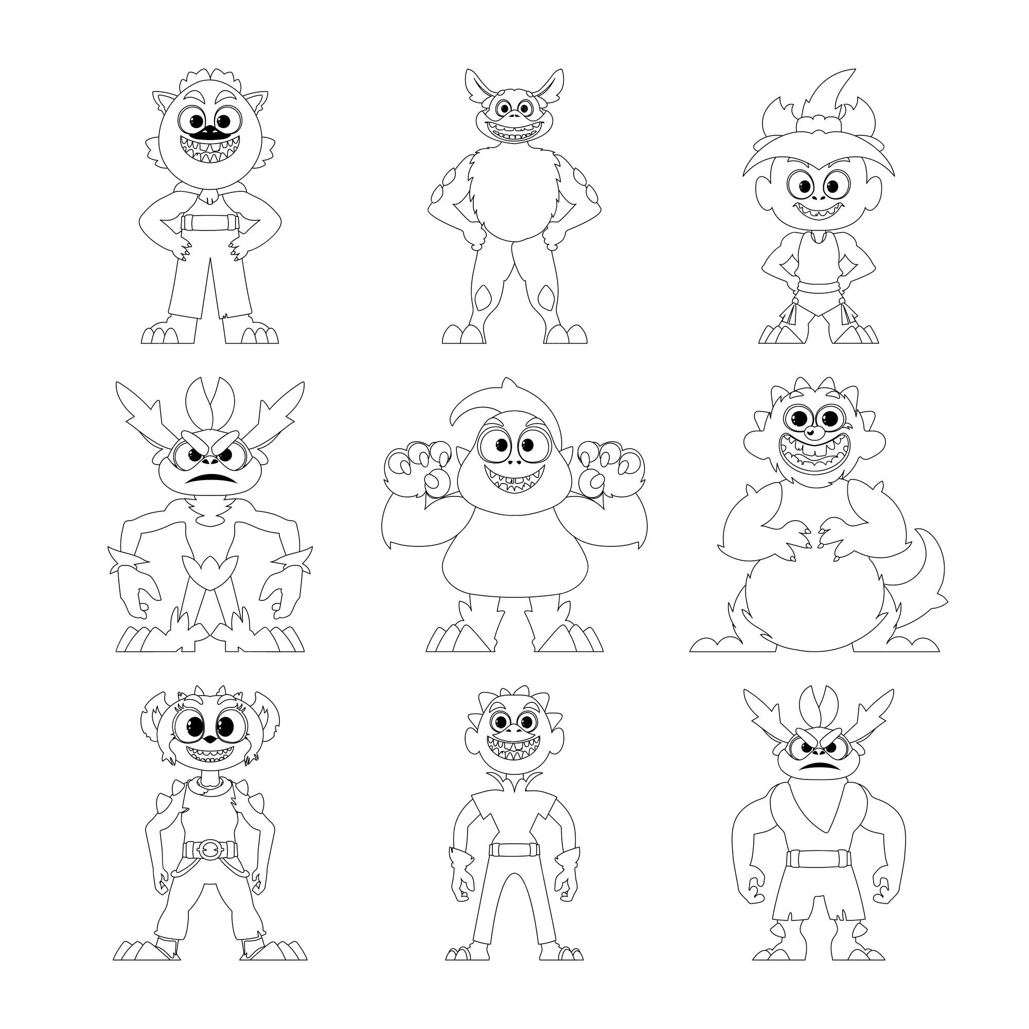 Premium vector there are many funny and weird monster cartoon characters in a big collection childrens coloring page