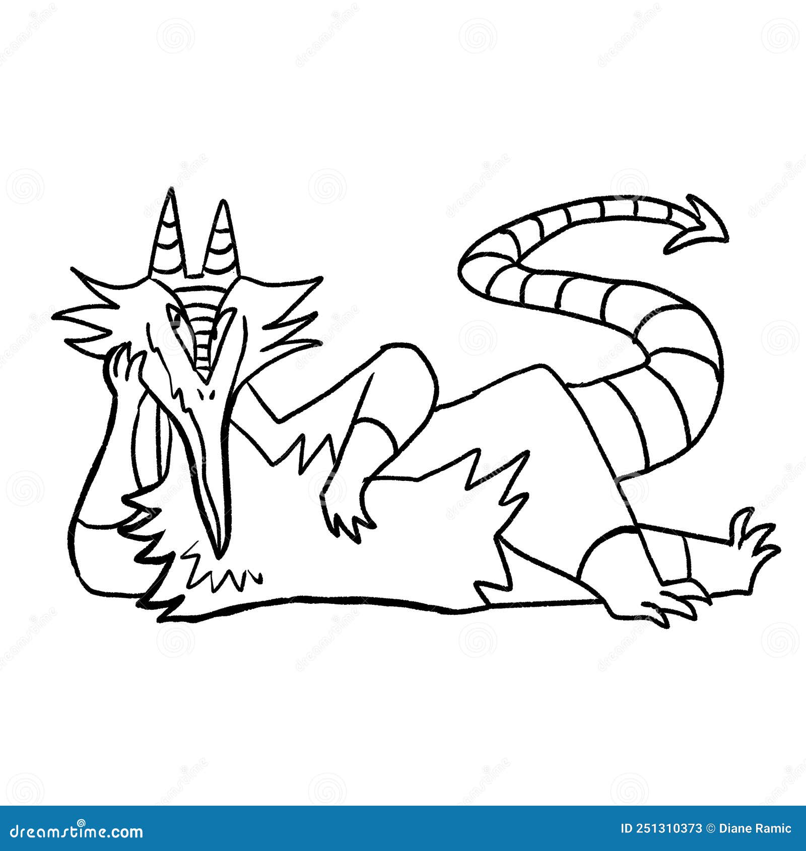 Black and white coloring page ink illustration of a dragon stock image