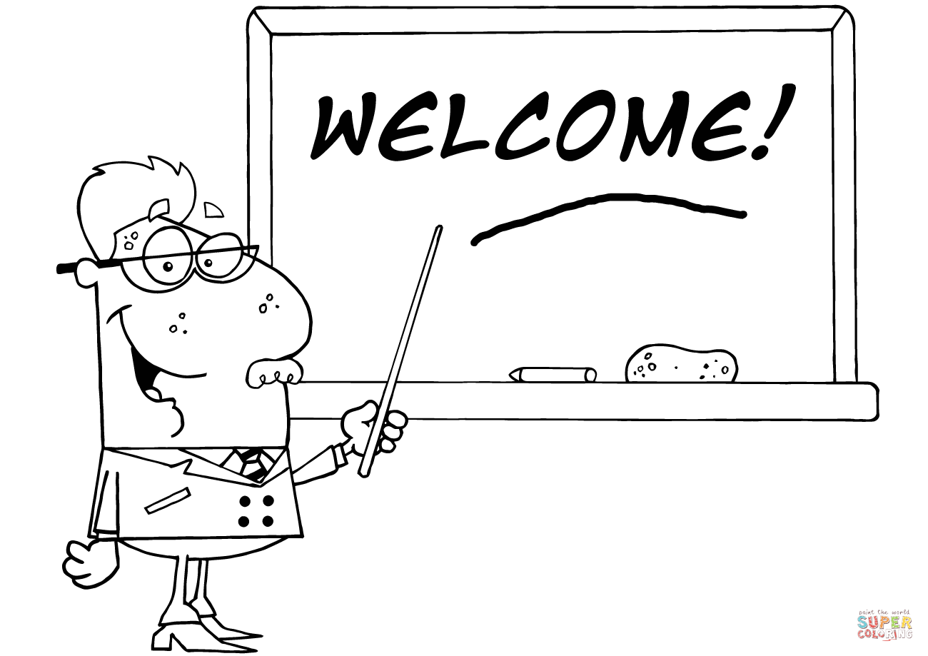 School professor displayed on chalk board text wele coloring page free printable coloring pages