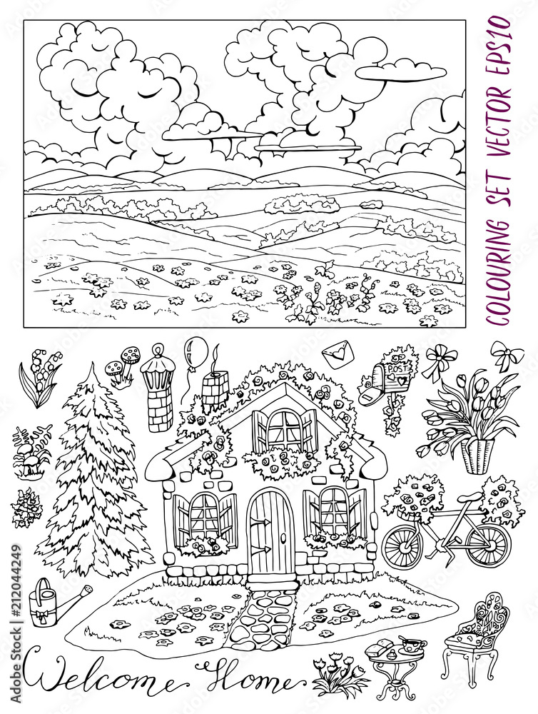 Coloring page with cute house landscape conifer garden furniture and flowers vintage country set with rural design elements hand drawn black and white vector illustration vector