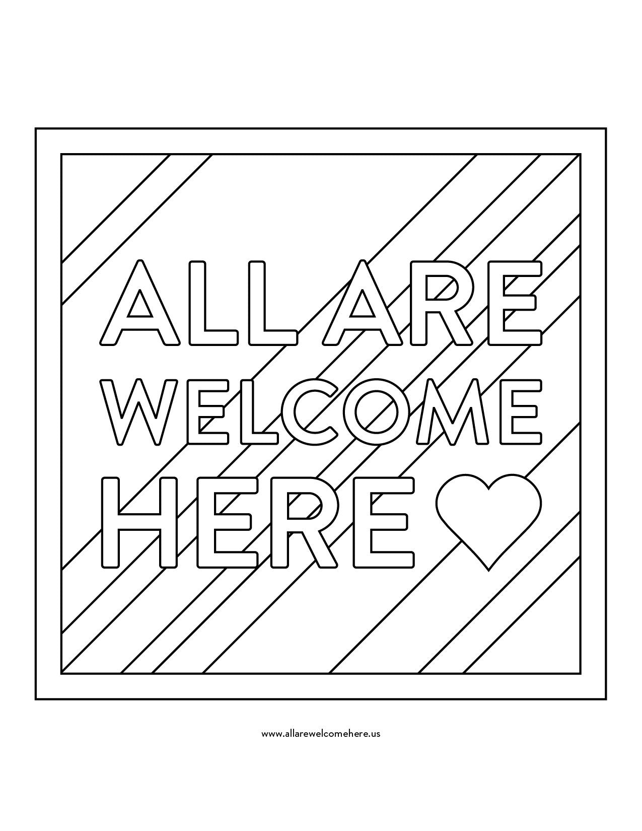 Free download all are welcome here coloring sheet