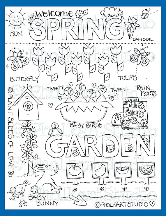 Wele spring kids coloring page cute coloring for children hand drawn baby birds bunny flowers garden butterflies pholkartstudio