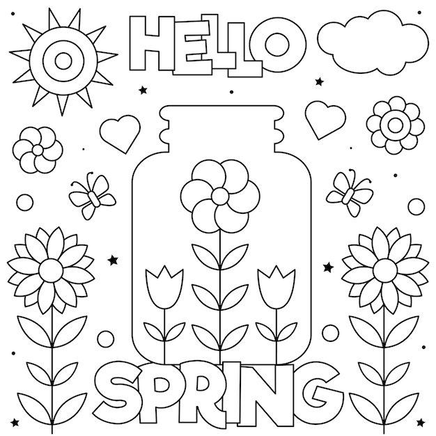 Premium vector hello spring coloring page black and white