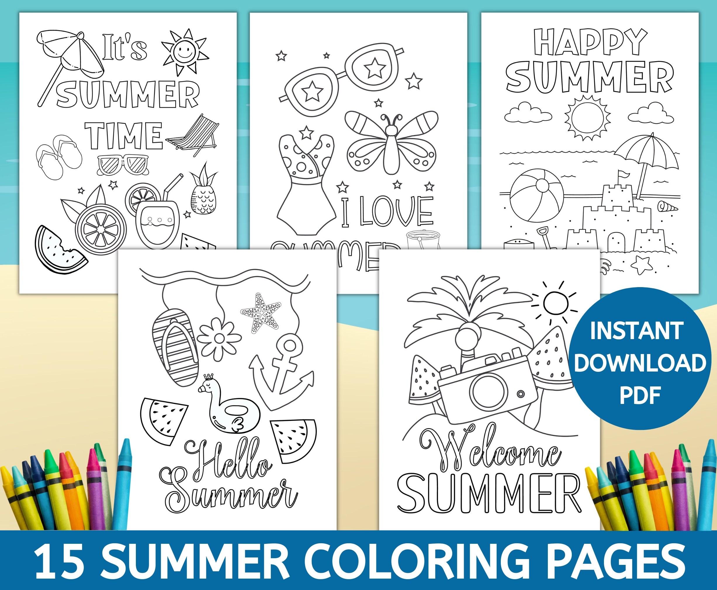 Summer coloring pages printable summer coloring pages for kids summer coloring sheets instant download kids summer activity