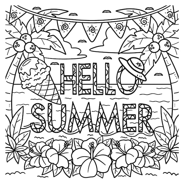 Premium vector hello summer coloring page for kids