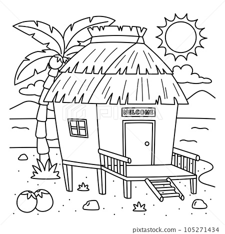 Nipa hut summer coloring page for kids