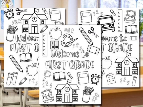 Wele to first grade coloring sheet open house back to school teacher elementary school primary digital download