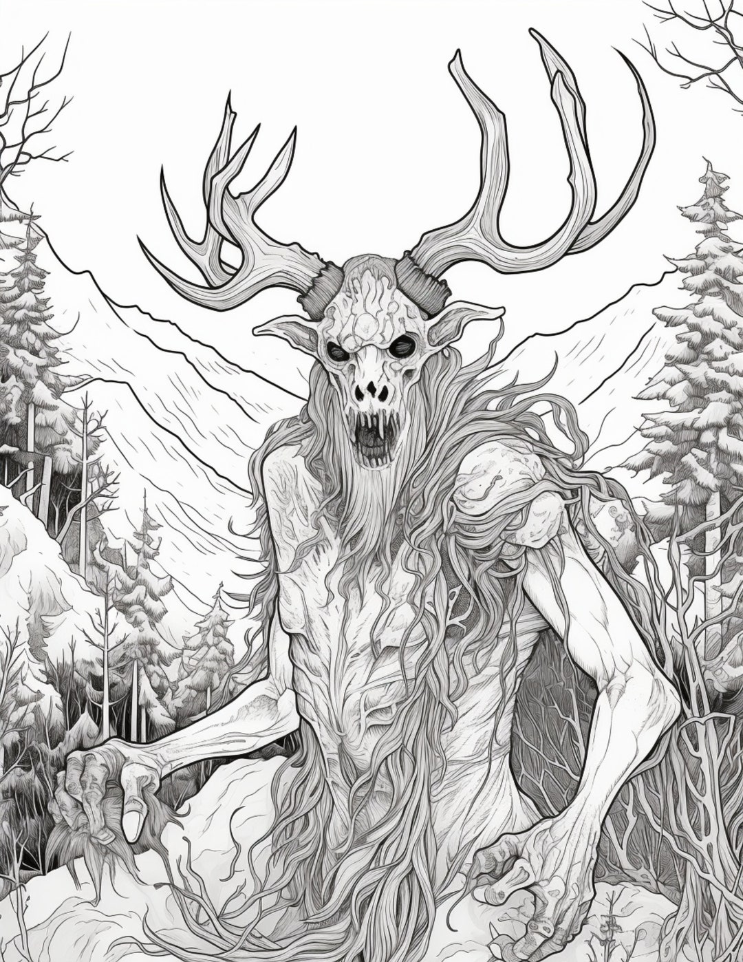 Cryptid coloring pages horror adult digital coloring book wendigo coloring page bigfoot coloring page instant download