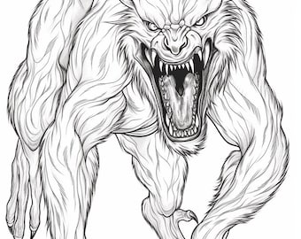 Halloween scary werewolf coloring book page image for adults black and white line drawing image buy once and print hundreds download now