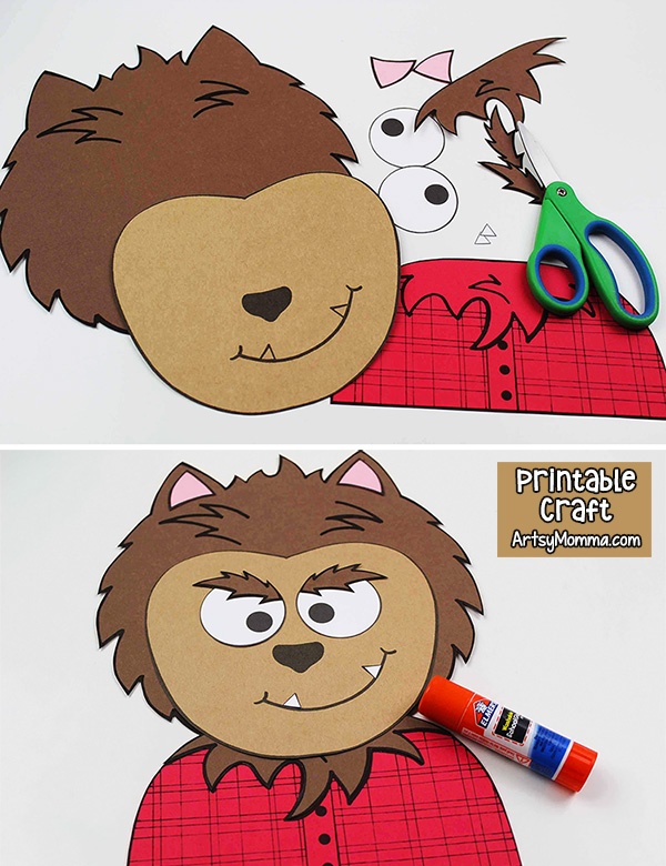 Cute werewolf craft with wolf template and halloween writing prompt