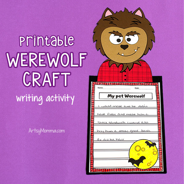 Cute werewolf craft with wolf template and halloween writing prompt