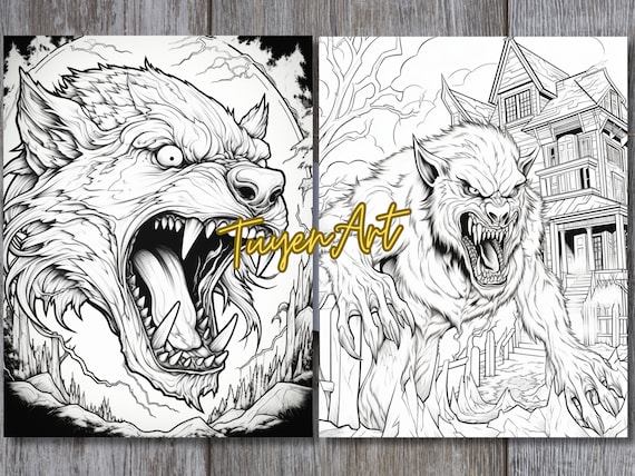 Werewolf bundle adult coloring book printable pdf sheets instant download grayscale coloring adults kids monster wolf dog instant download