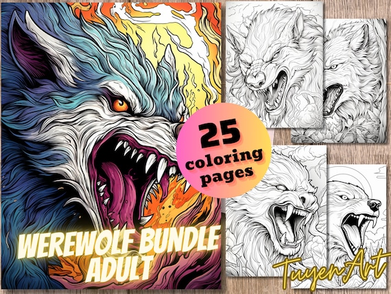 Werewolf bundle adult coloring book printable pdf sheets instant download grayscale coloring adults kids monster wolf dog instant download