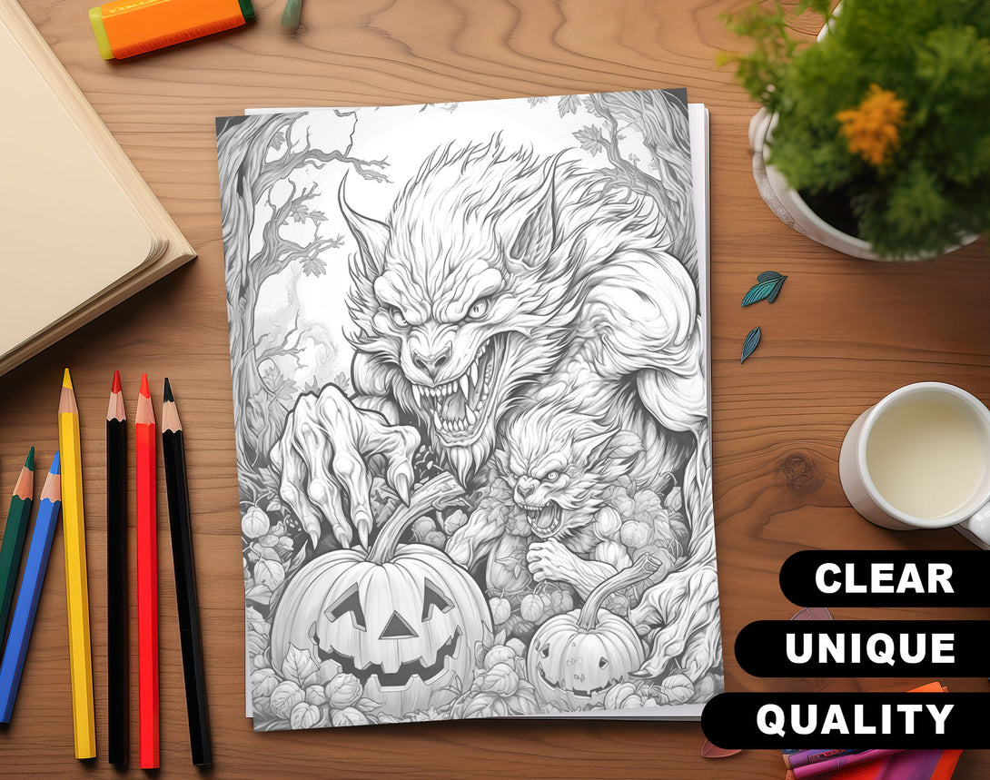 Werewolf monster grayscale coloring pages