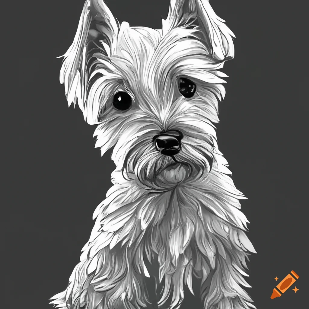 West highland white terrier puppy grayscale fineline drawing coloring book style on