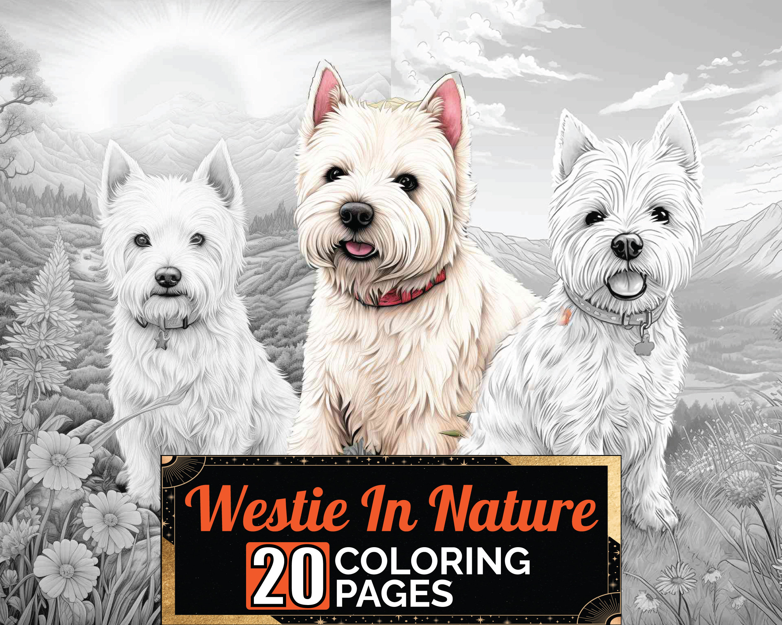 West highland white terrier nature coloring book detail greyscale adult kids dog page a size sheet printable digital pdf download