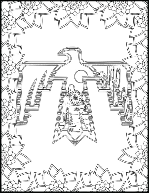 Printable coloring page floral western thunderbird