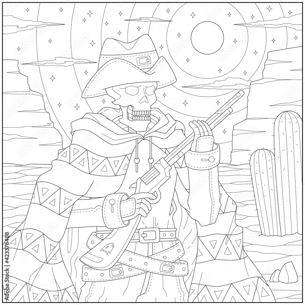 Skeleton cowboy hunter in the western land illustration learning and education coloring page illustration for adults and children outline style black and white drawing vector