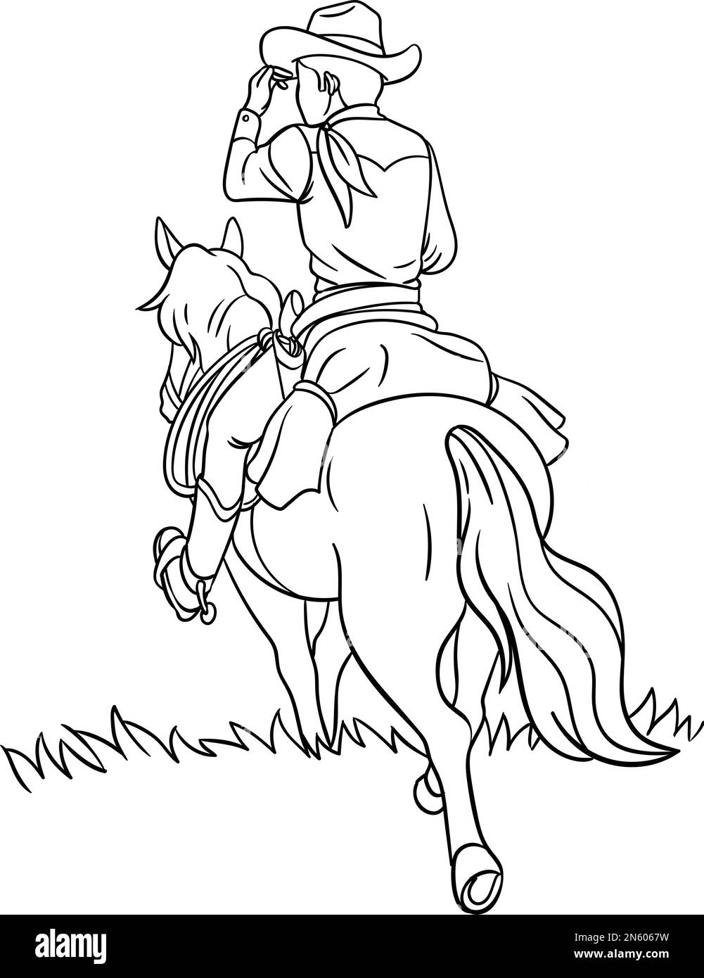 Cowboy horseback riding isolated coloring page stock vector image art
