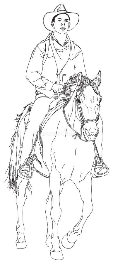 Black and white coloring page happy cowgirl with her horse stock vector
