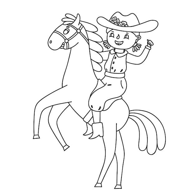 Premium vector cowgirl riding a horse vector children outline illustration for coloring page