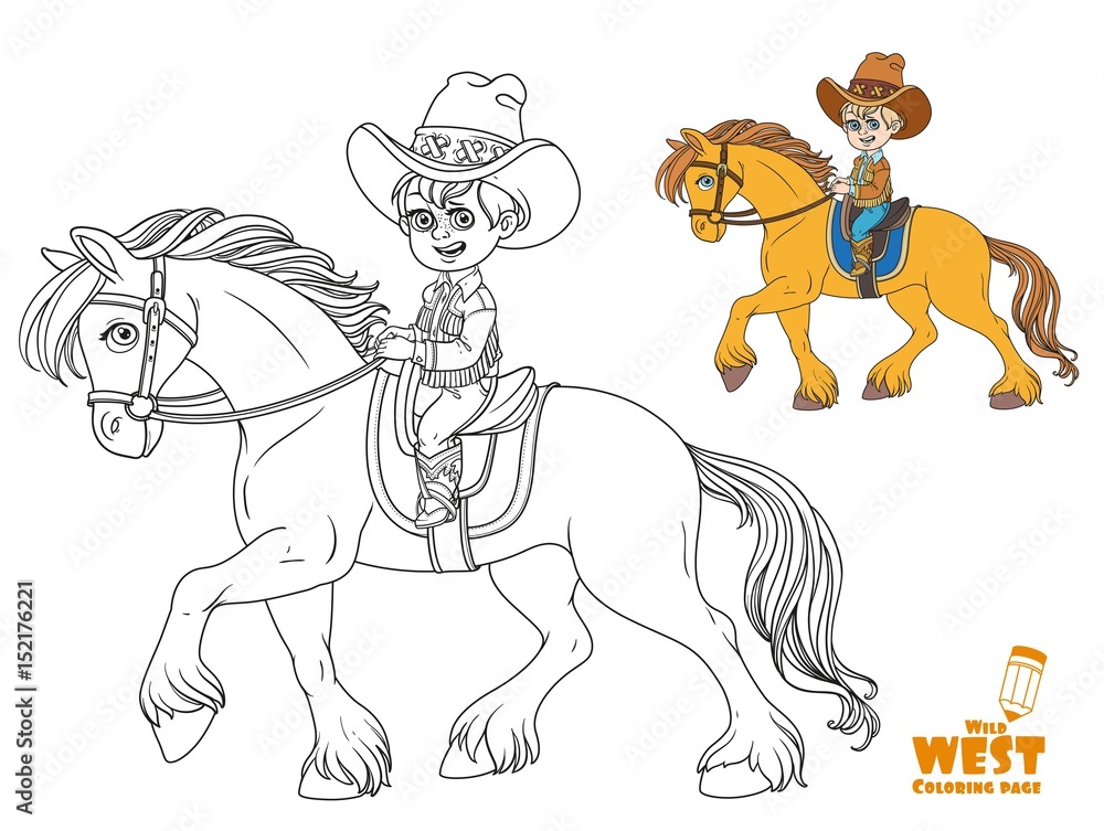 Cute little boy in cowboy suit riding on a horse coloring page on white background vector
