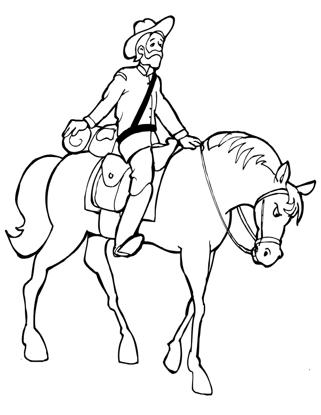 Horse coloring page soldier on tired horse