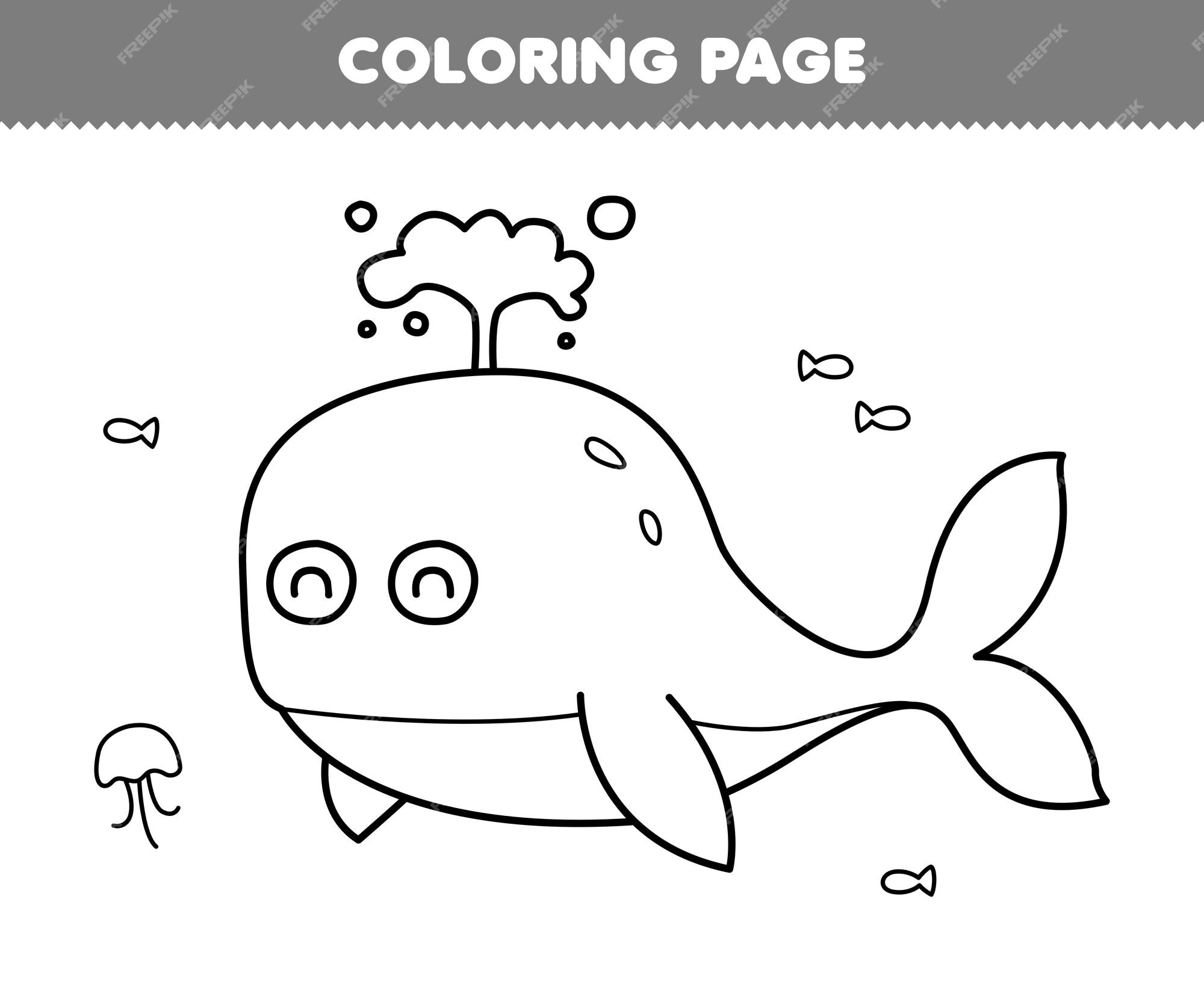 Premium vector education game for children coloring page of cute cartoon whale line art printable underwater worksheet