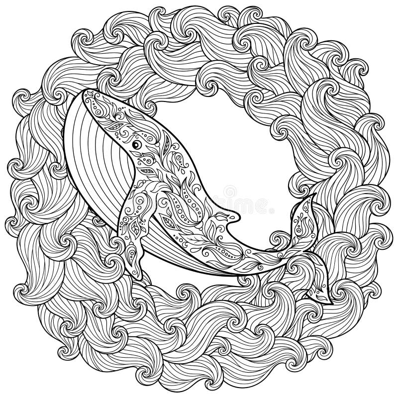 Hand drawn whale in the waves for anti stress coloring page stock vector
