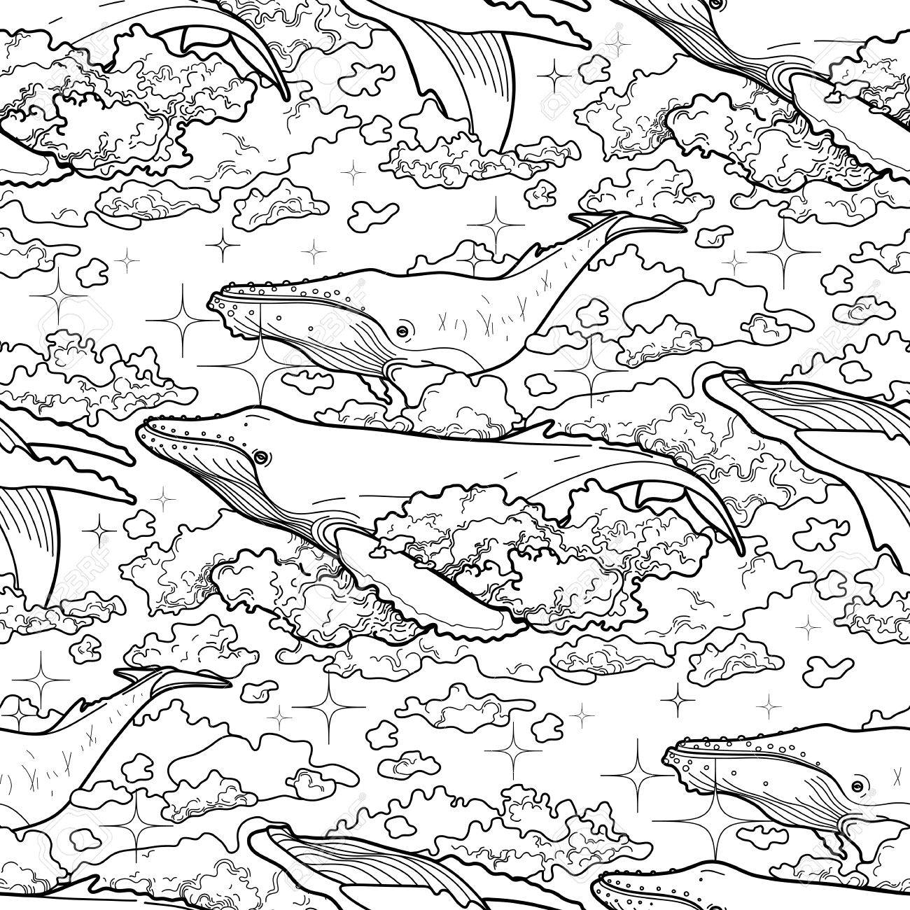 Graphic whales flying in the sky sea and ocean creatures vector fantasy seamless pattern coloring book page design for adults and kids royalty free svg cliparts vectors and stock illustration image