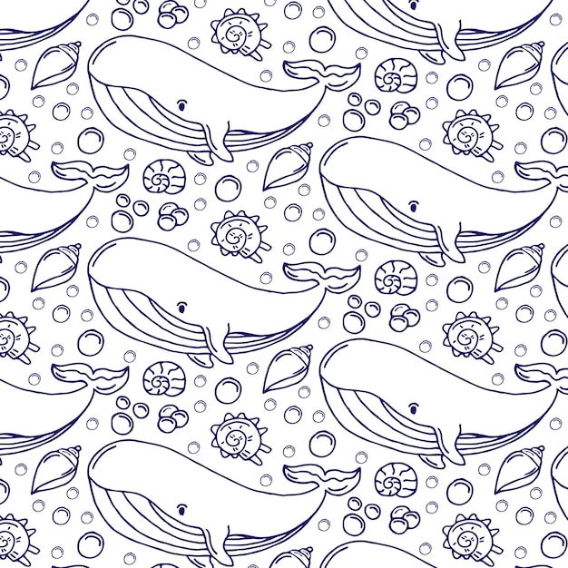 Premium vector sea life whales seashells seamless pattern