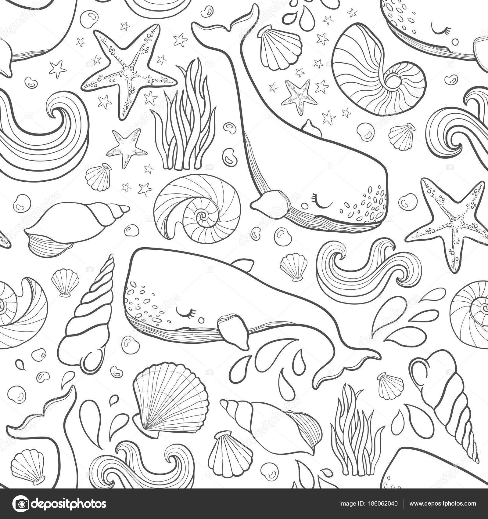 Graphic whales flying in the sky sea and ocean creatures vector fantasy seamless pattern coloring book page design for adults and kids stock vector by arinaulyasheva