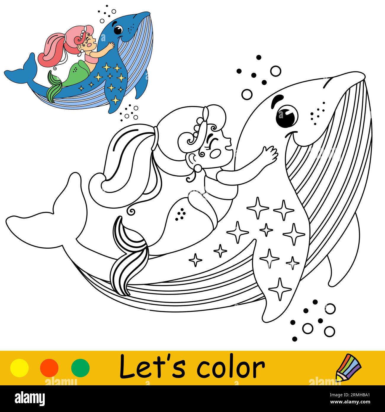 Cute and happy little mermaid and a whale vector cartoon black and white illustration kids coloring page with a color sample for print design pos stock vector image art