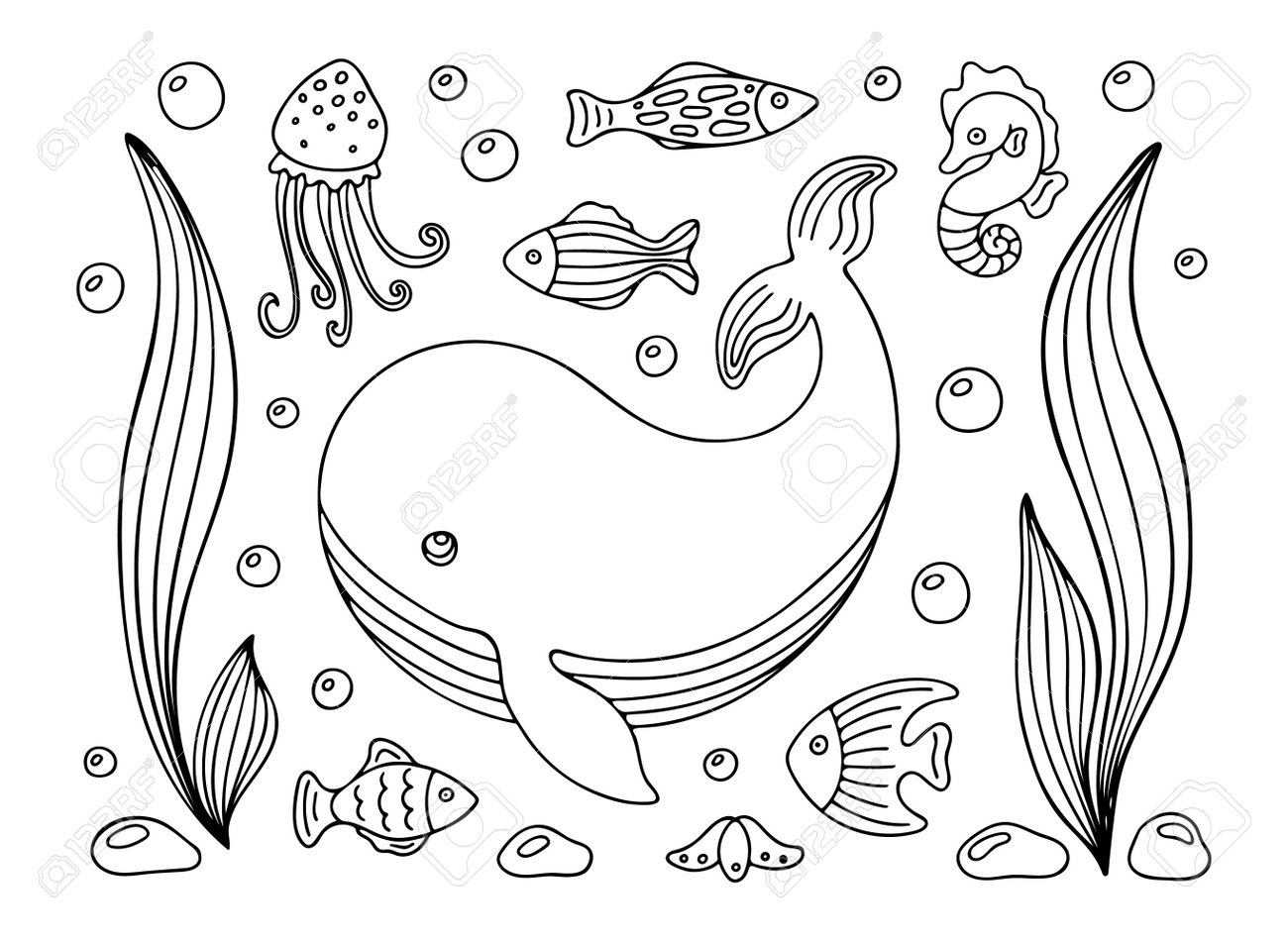 Coloring page with whale fishes and jellyfish swimming between bubbles and algae hand drawn vector contoured black and white illustration design template for kids coloring book poster or postcard royalty free svg