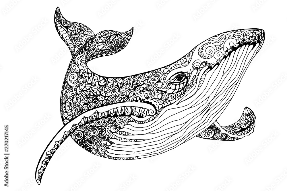 Illustration whale for adult anti stress coloring pages ornamental tribal patterned illustration for tattoo poster or print hand drawn monochrome sketch sea animal collection illustration